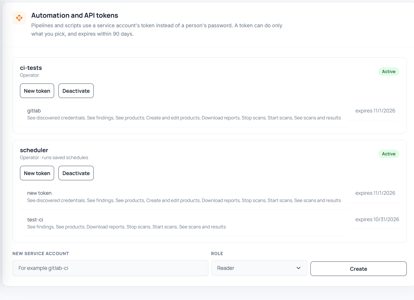 Карточка «Автоматизация и API-токены» в ScanSuite