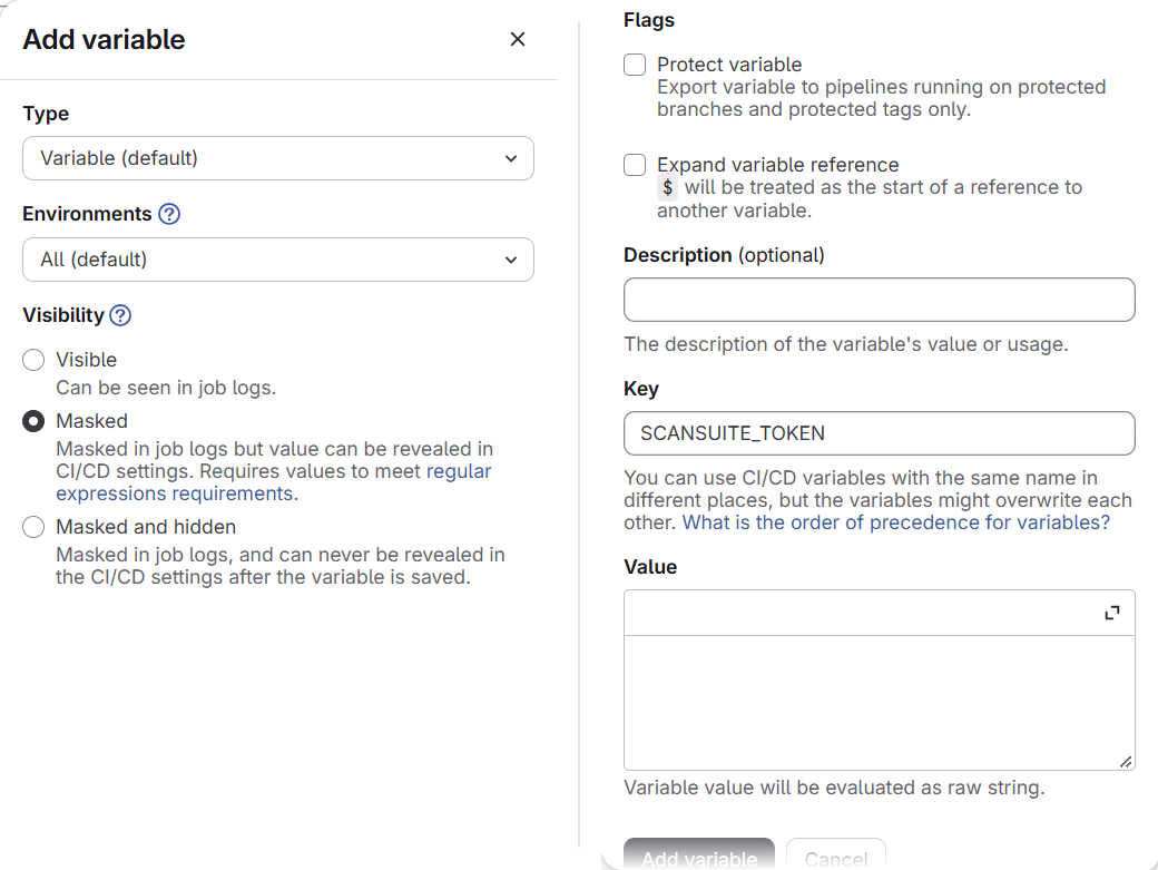 Панель Add variable в GitLab