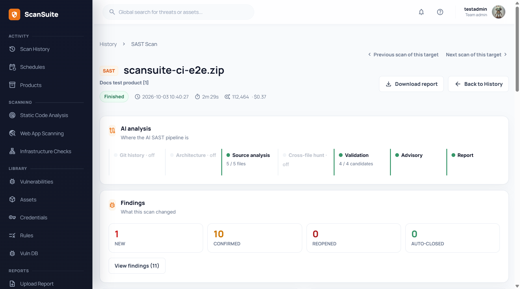 Страница сканирования в ScanSuite