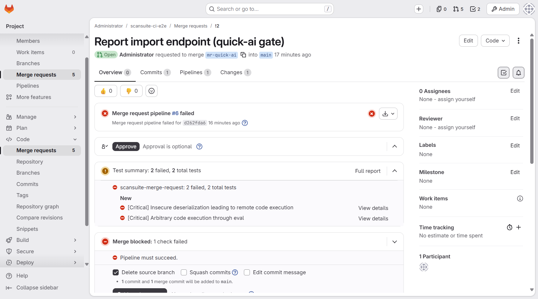 Merge request в GitLab с проваленными тестами ScanSuite
