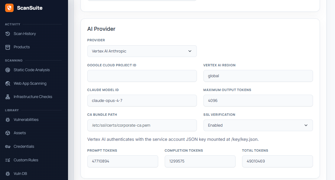 Настройки AI-провайдера ScanSuite, Vertex AI