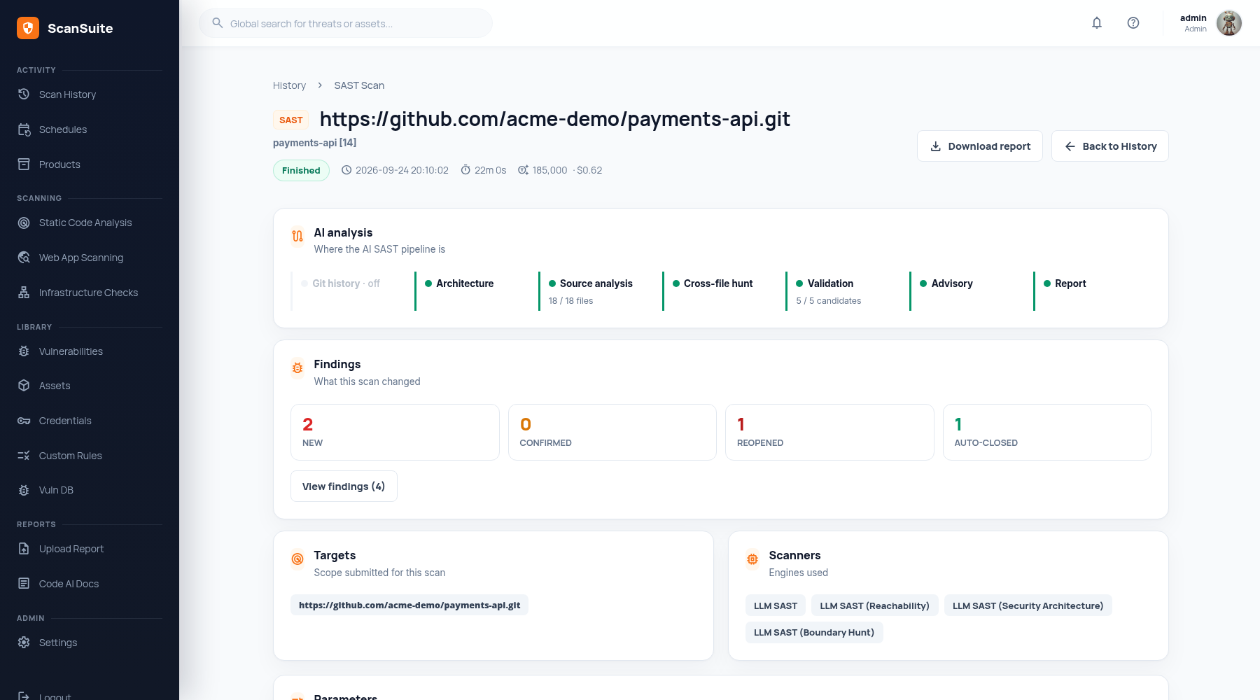 Страница сканирования ScanSuite