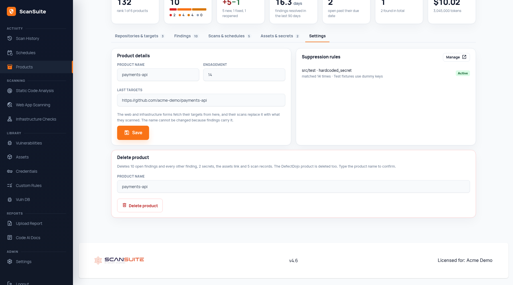 Вкладка Settings на странице продукта