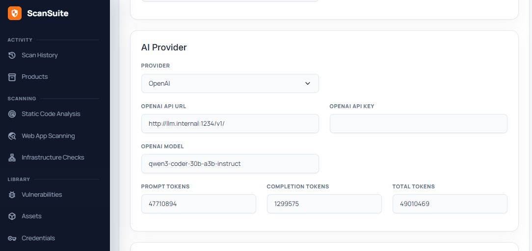 Настройки AI-провайдера в ScanSuite