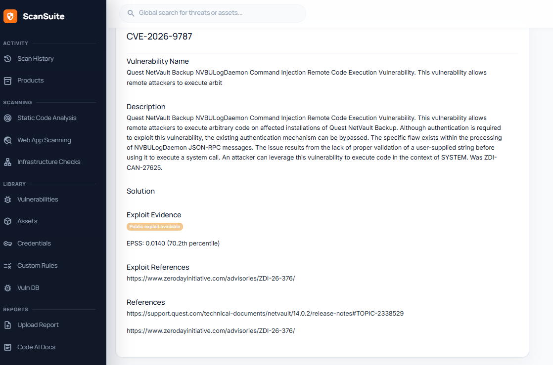 Страница деталей CVE в ScanSuite