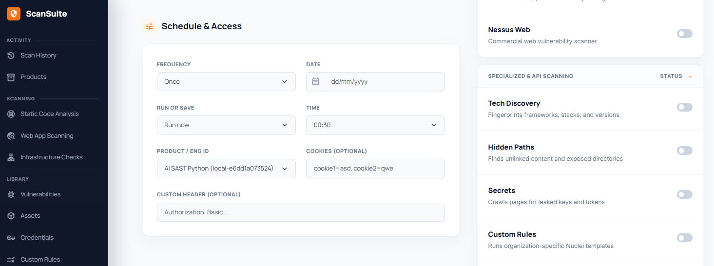Настройка сканирования API в ScanSuite
